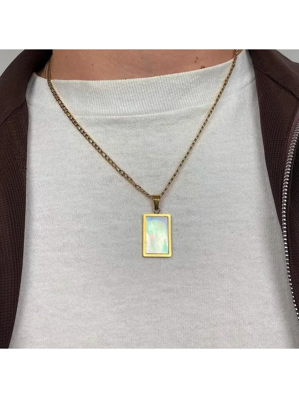 Stainless steel y2k 2000s style Big Square Opal Pendant Gold necklace